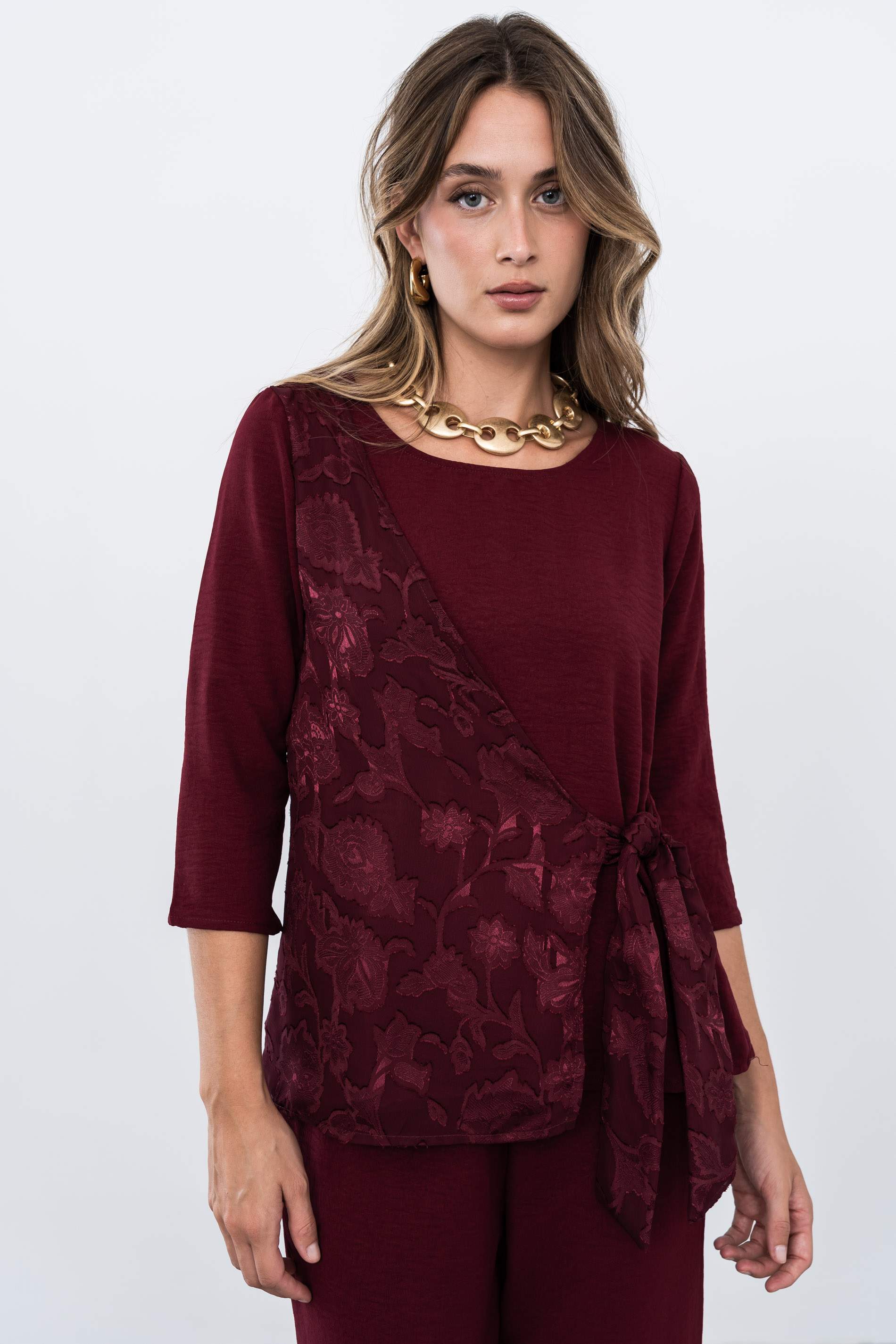 BLUSA EFECTO CRUZADO COMBINADA BURDEOS - Imagen 2