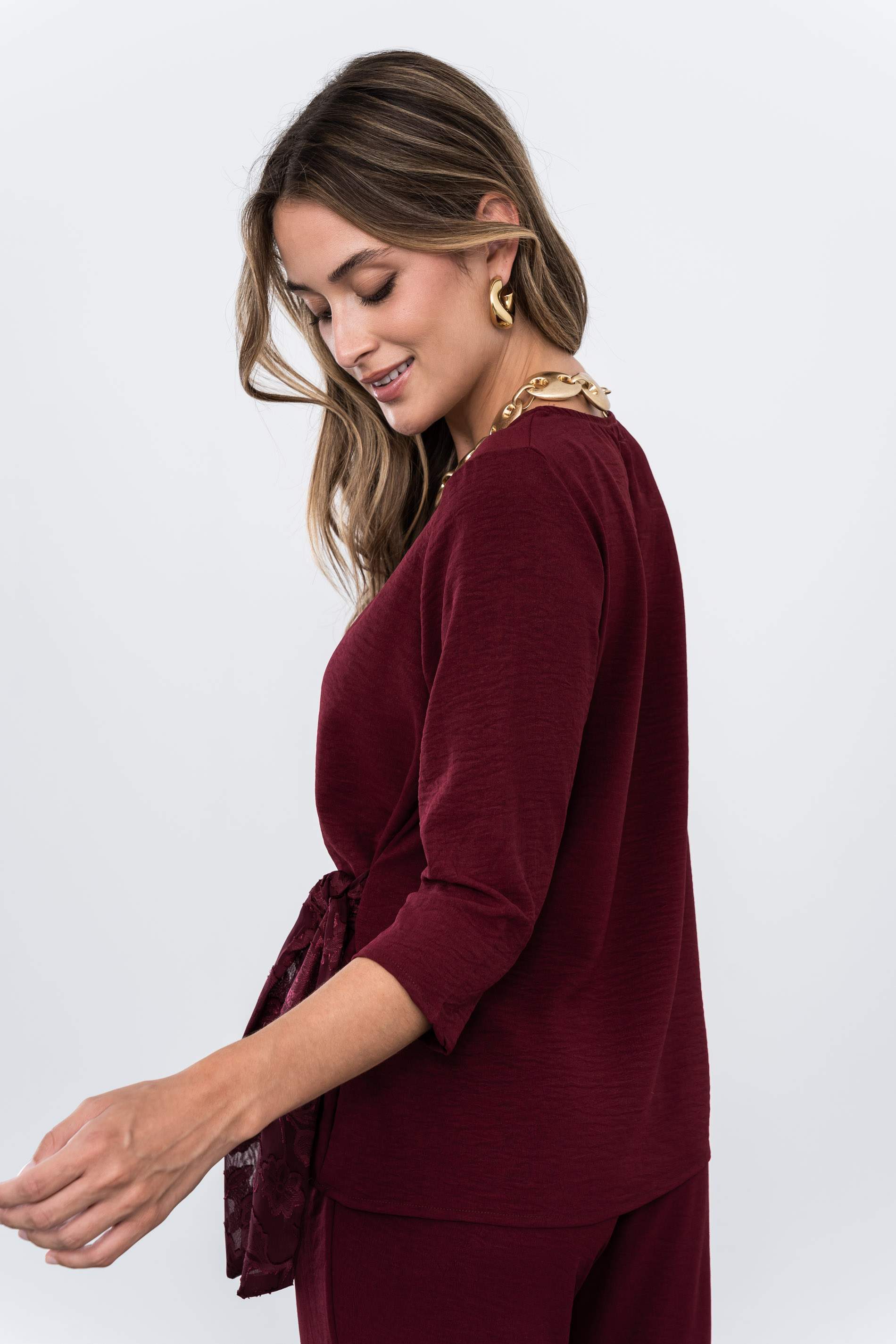 BLUSA EFECTO CRUZADO COMBINADA BURDEOS - Imagen 8