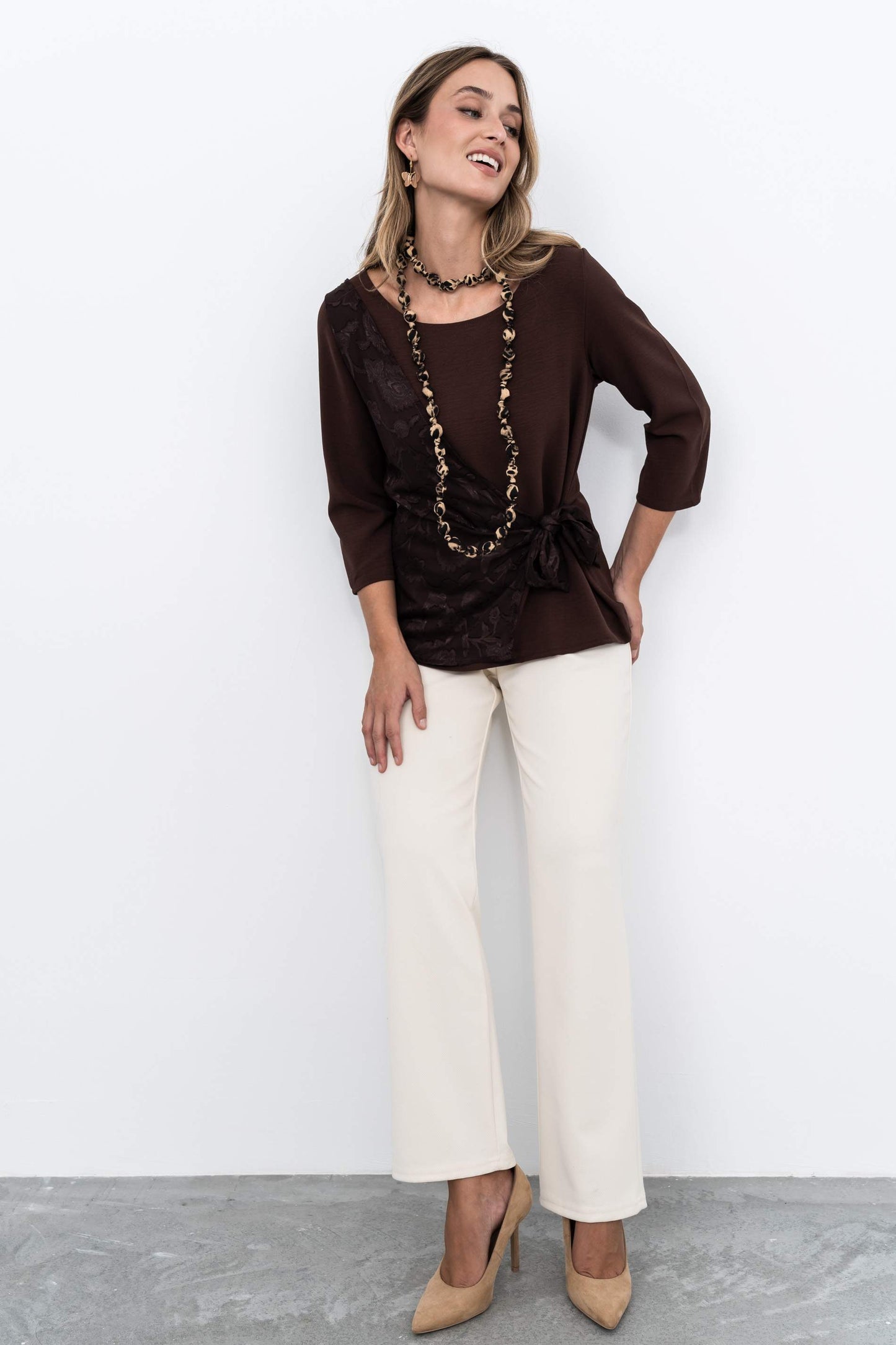 BLUSA EFECTO CRUZADO COMBINADA CHOCOLATE - Imagen 5
