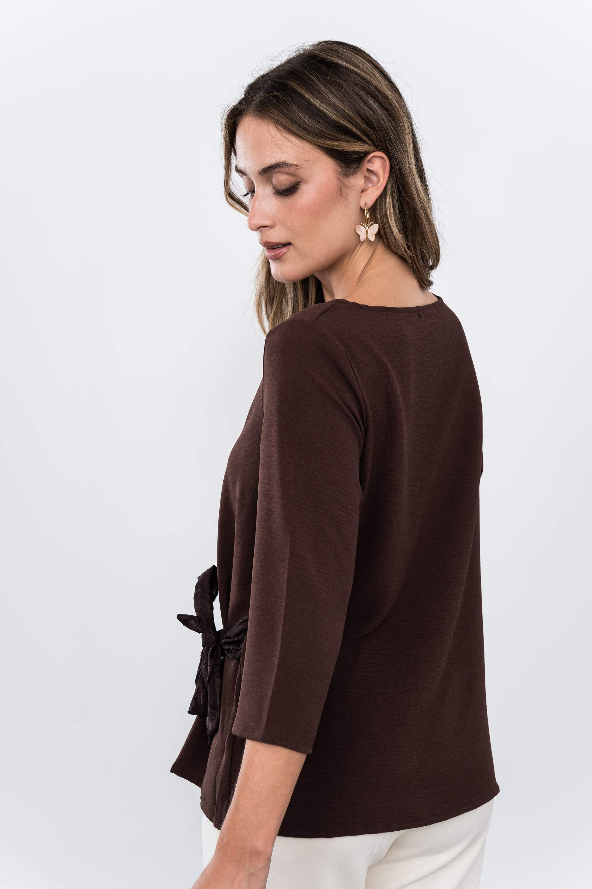BLUSA EFECTO CRUZADO COMBINADA CHOCOLATE - Imagen 8