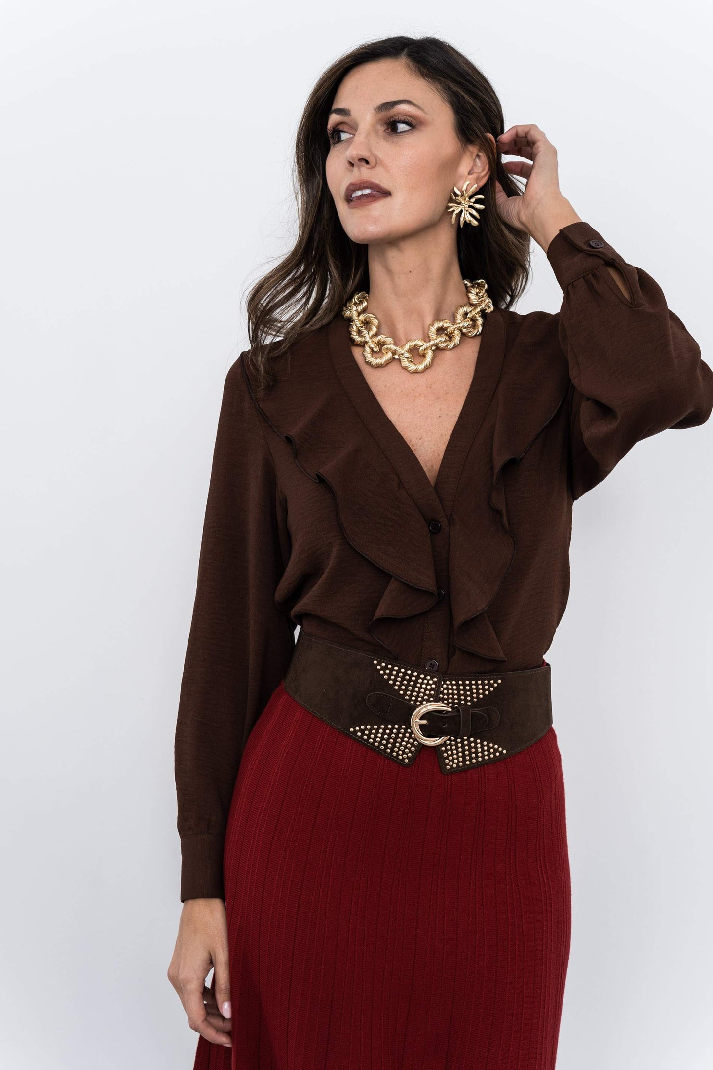 BLUSA VOLANTE MANGA LARGA CHOCOLATE - Imagen 2