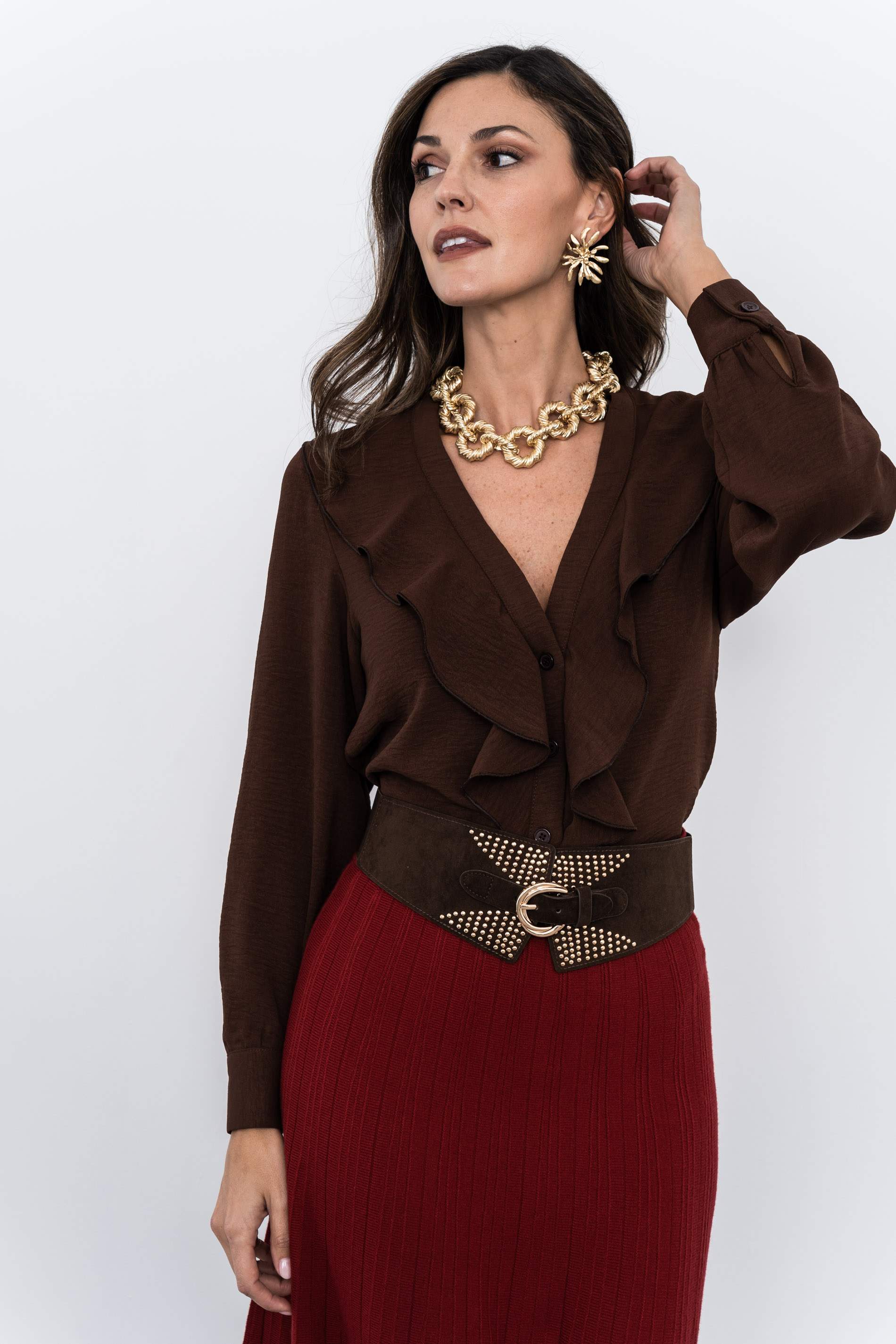 BLUSA VOLANTE MANGA LARGA CHOCOLATE - Imagen 2