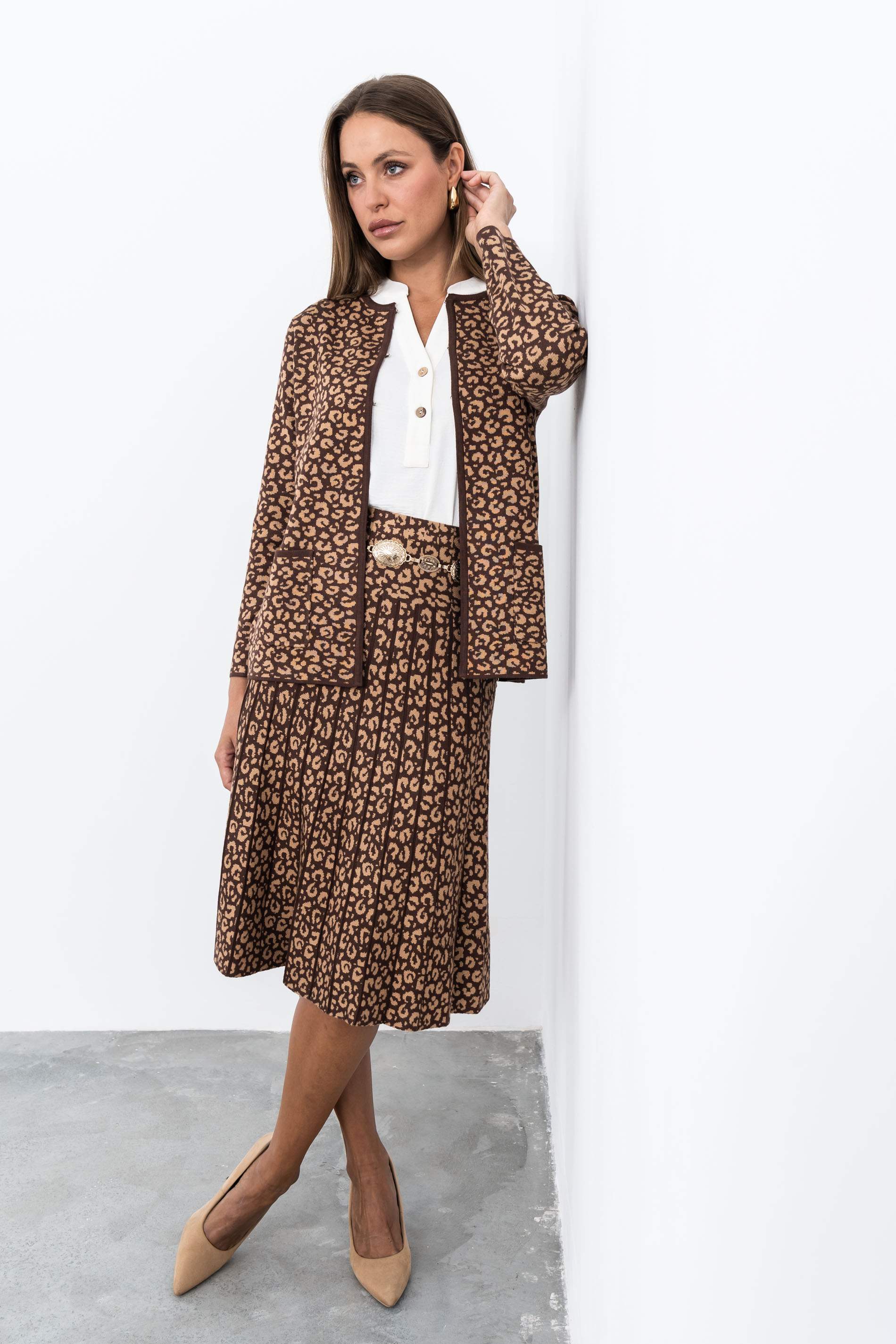 FALDA PLISADA PUNTO ANIMAL MARRON