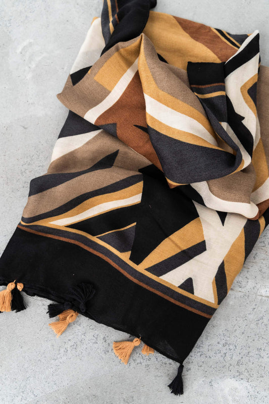 FOULARD GEOMETRICOS POMPONES MOSTAZA