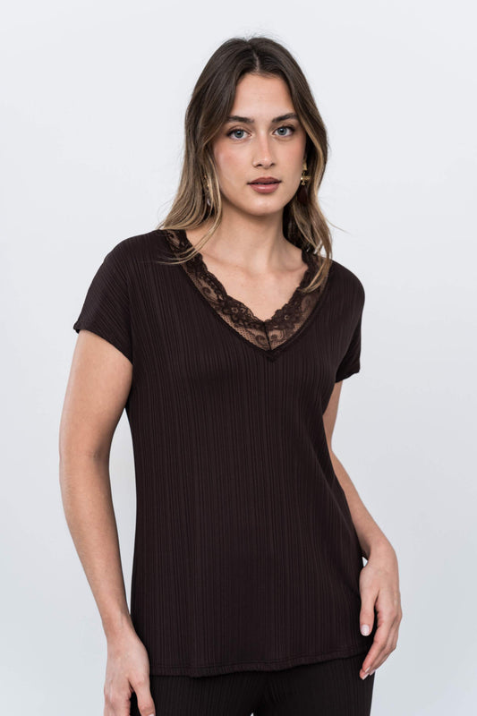 CAMISETA TEXTURA ENCAJE CHOCOLATE