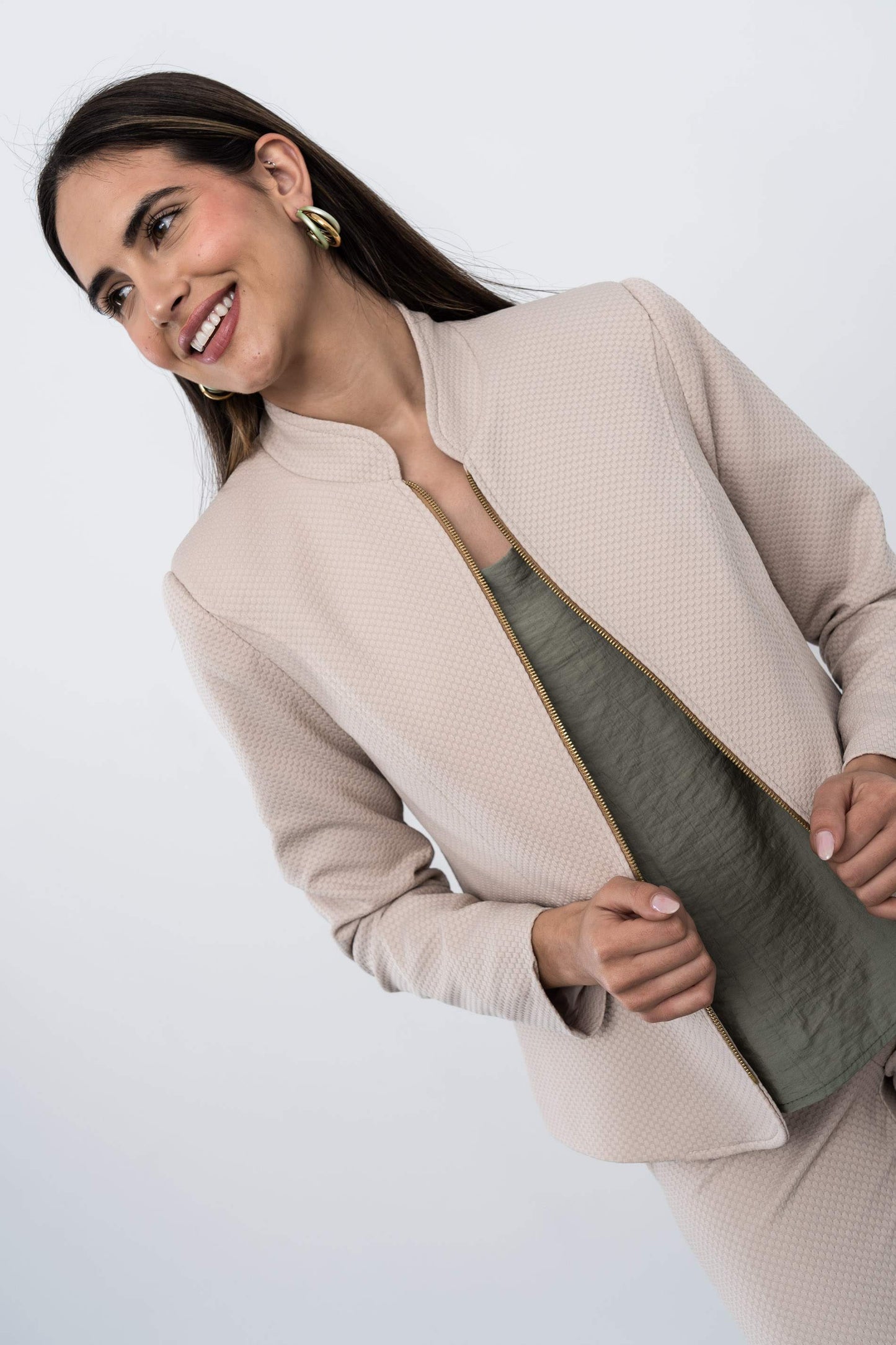 CHAQUETA CREMALLERA JACQUARD BEIGE - Imagen 2