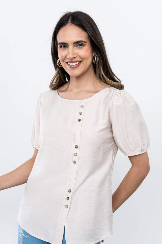BLUSA EFECTO CRUZADO BOTONES BEIGE