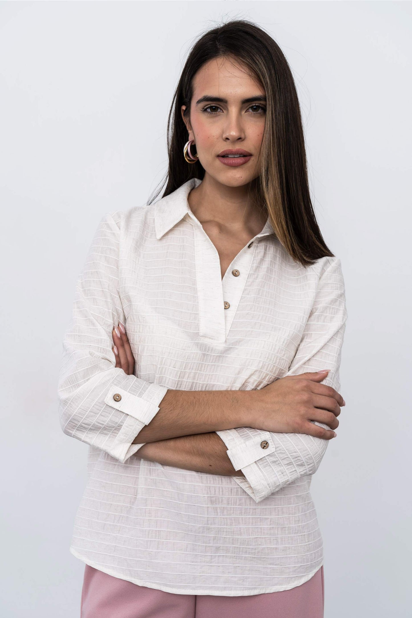 BLUSA CAMISERA TEJIDO RUSTICO NATURAL - Imagen 5