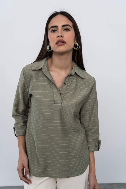 BLUSA CAMISERA TEJIDO RUSTICO KAKI