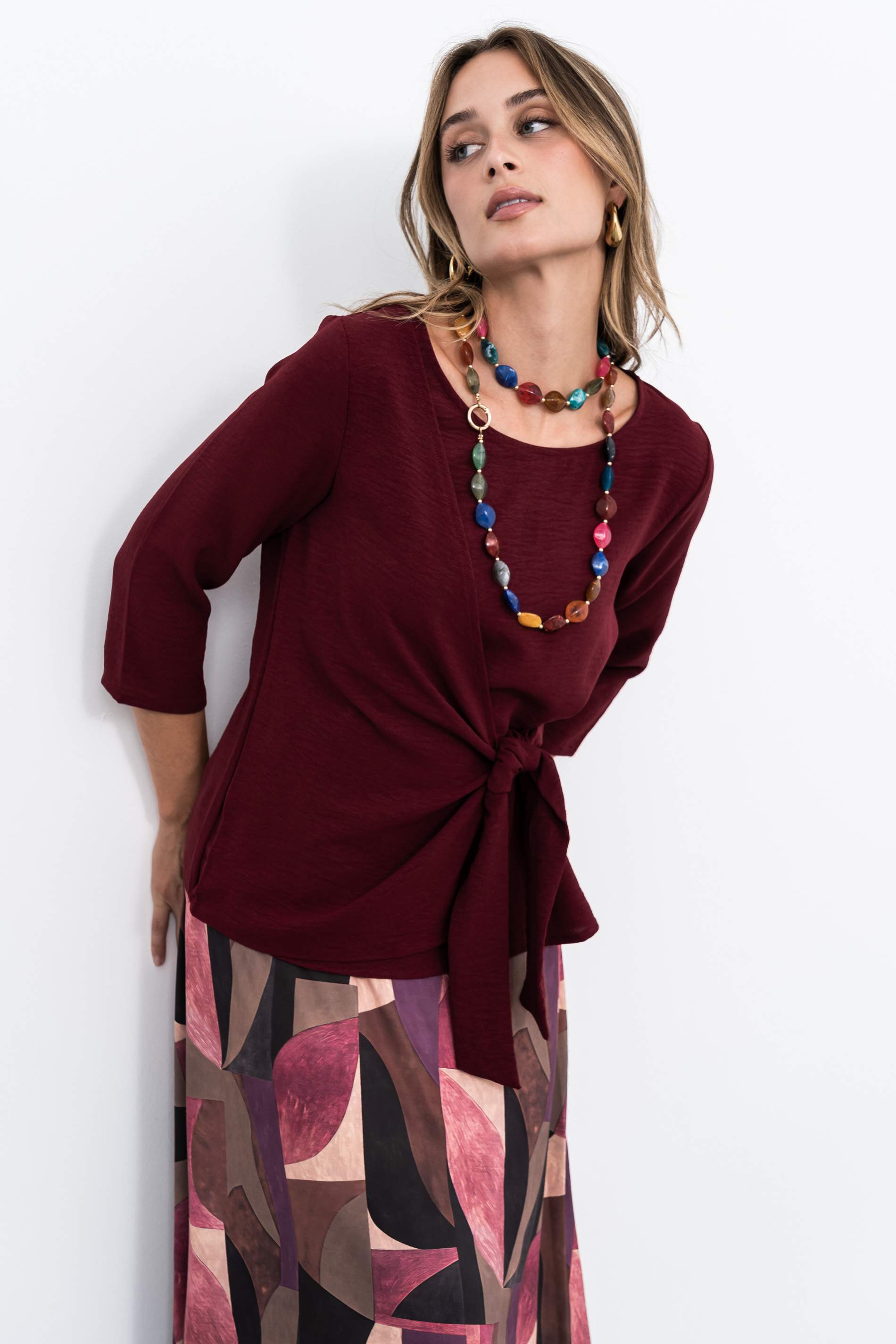 BLUSA EFECTO CRUZADO MANGA FRANCESA BURDEOS - Imagen 5